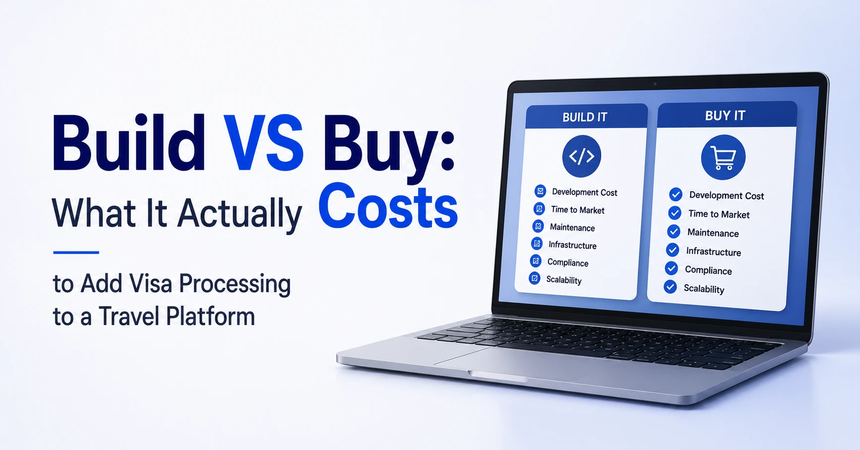 Side-by-side cost comparison chart of building an in-house visa system versus buying a travel visa API